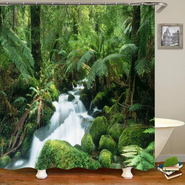 Rideau de douche motif rivière sauvage sous les fougères dans une salle de bain