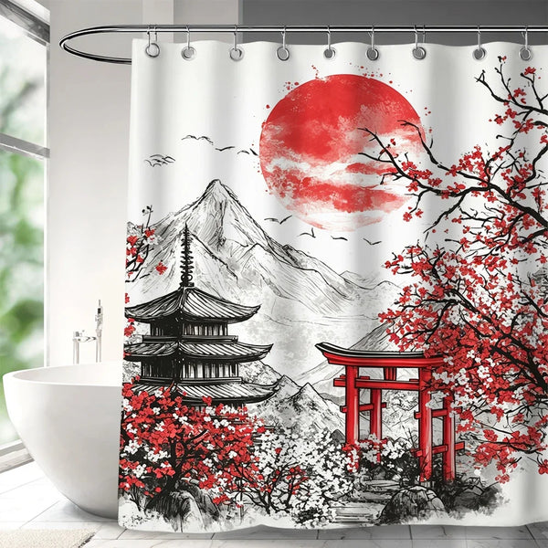 Rideau de douche motif sanctuaire japonais noir et rouge dans une salle de bain