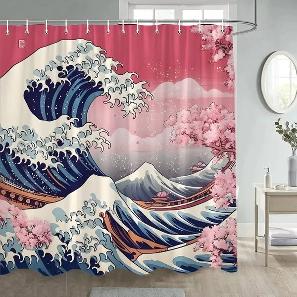 Rideau de douche motif vague bleue sur ciel framboise dans une salle de bain