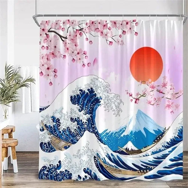 Rideau de douche motif vague indigo et sakura lilas dans une salle de bain