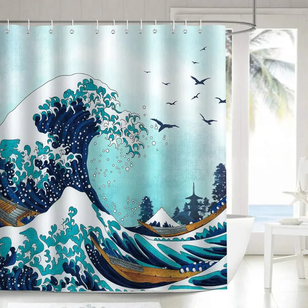 Rideau de douche motif vague turquoise et vol d oiseaux dans une salle de bain