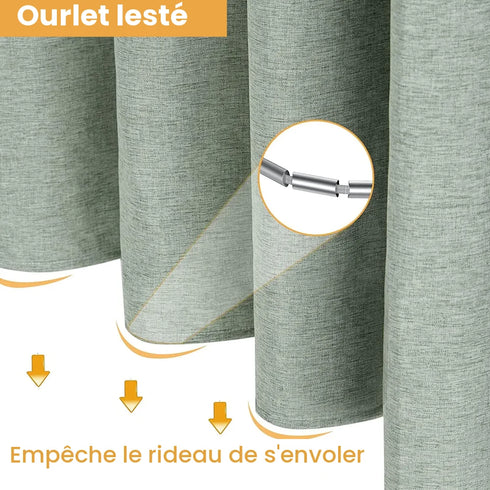 Ourlet lesté du rideau de douche vert sauge qui l'empêche de s'envoler